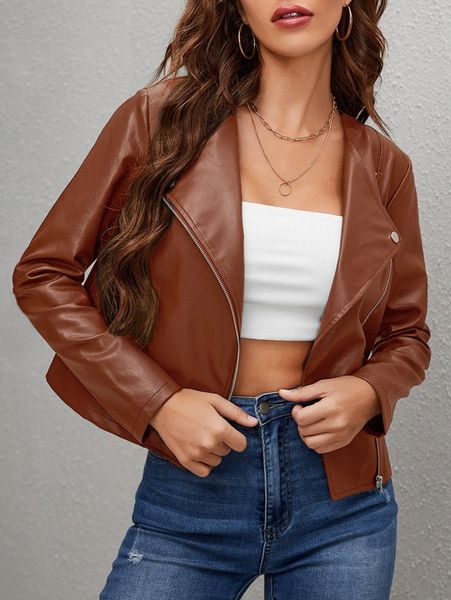 

waterfall collar zip front pu leather jacket z6f5#, Black;brown