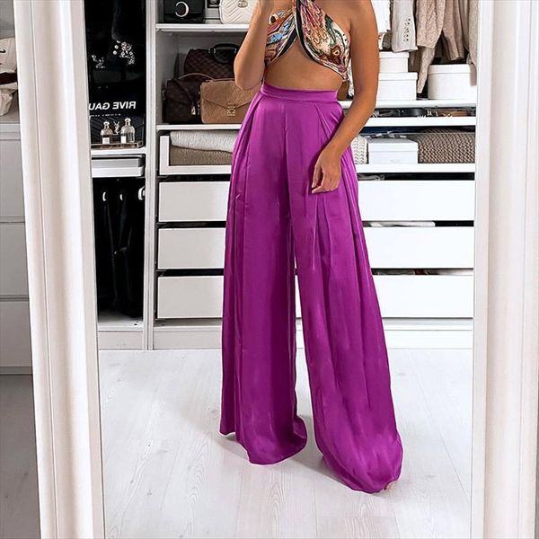 

summer solid loose wide leg womens capris za high waist casual fashion female street full length trousers clothes, Black;white