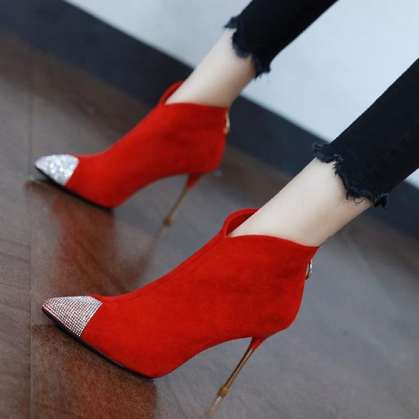 

boots fashion high heels short for women 2021 thin pumps shoes autumn pointed toe suede ankle, Black