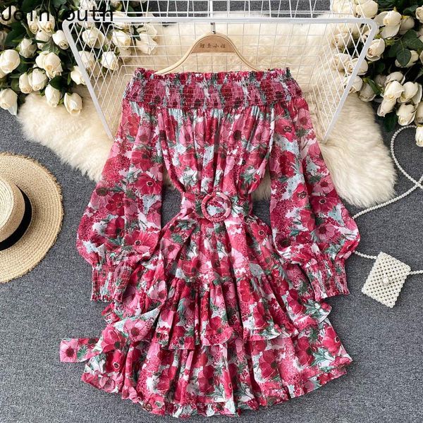 

casual dresses joinyouth vestidos de mujer 2021 temperament mini dress slash neck puff sleeve floral sweet ruffles bandage robe, Black;gray