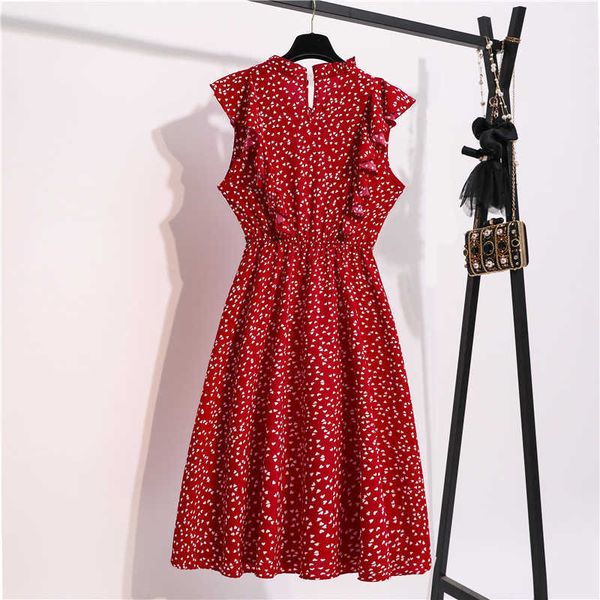 Vintage Butterfly Sleeve Ruffles Dot Dot Imprimir Vestido Mulheres Médio Longo Chiffon Senhoras Primavera Verão Vestido Vermelho preto Y0603