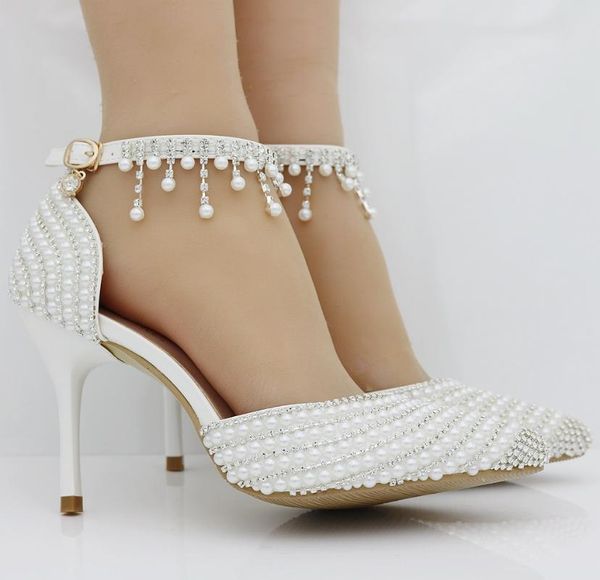 

dress shoes spring korean high heels women's thin heel small pointed shallow mouth single diamond pearl tassel beaded, Black