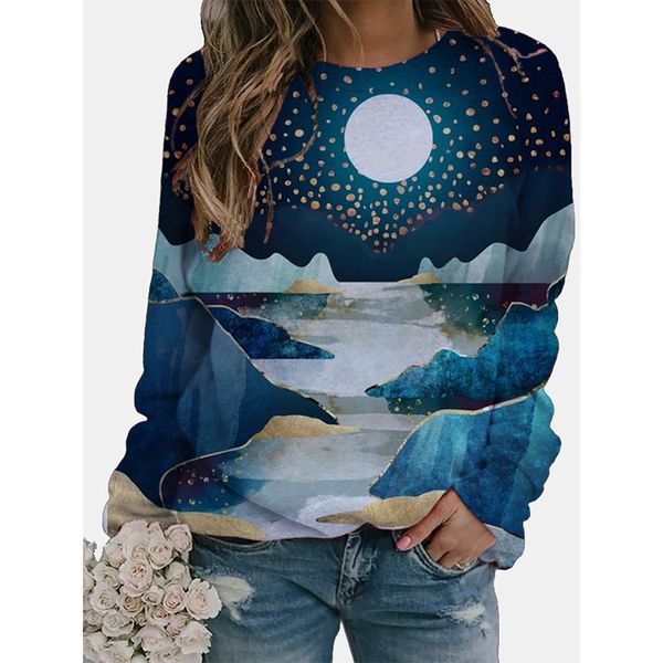 

Starry sky pattern female fashion 3D printing short slim T-shirt autumn top long sleeve round neck basic casual, White