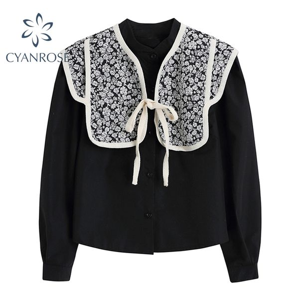

women's blouses shawl outfits for ladies ol black single breasted long sleeve+floral print chic elegant ins 2 pieces sets 210430, White