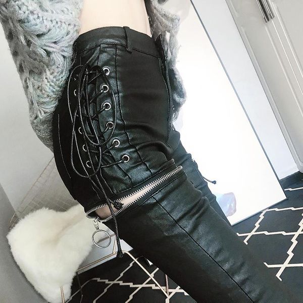 

women's pants & capris 2021 spring faux leather pencil with straps zipper decoration high waist fashion black trousers skinny a4, Black;white
