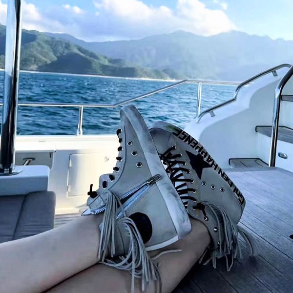 

italy deluxe brand golden sneakers old star graffiti small dirty shoes women's new net red tassel breathable cow leather high dirty sho, Black