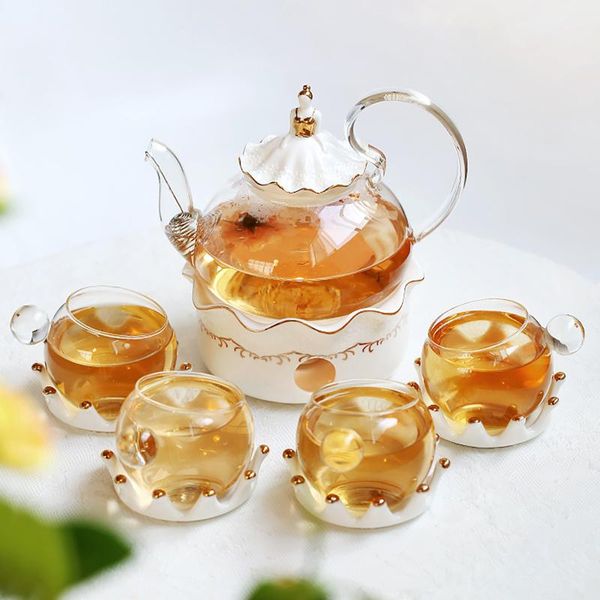 Conjunto de chá clássico europeu de chá de chá transparente de bule de vidro transparente conjunto de xícaras de chá de vidro de bandejas de cerâmica brancas pires de pires de pires