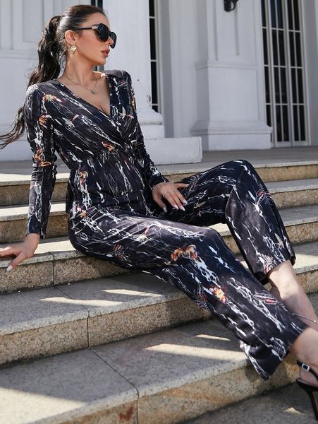 

butterfly print overlap collar jumpsuit y3co#, White