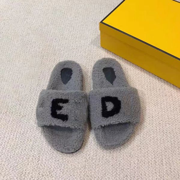 

womens slippers ladies wool slides winter fur fluffy furry warm letters sandals comfortable fuzzy girl flip flop slipper with org box, Black