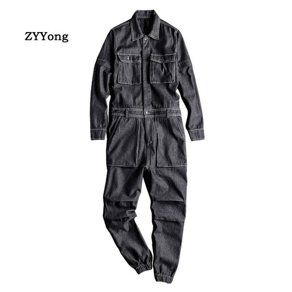 

men's denim jumpsuit lapel long sleeve removable beam feet black overalls streetwear hip-hop jeans cargo pants leisure trousers, Blue