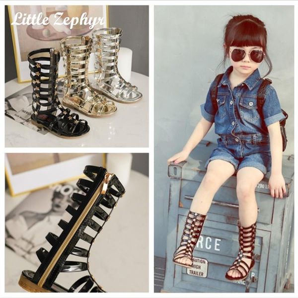 

sandals girls summer non-slip soft bottom shoes star gladiator flat heels princess high to help long tube roman boots, Black;red