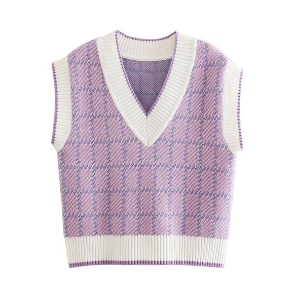 

women plaid v-neck knitted vest spring sweater vests short female casual sleeveless knit pullovers 210430, Black;white