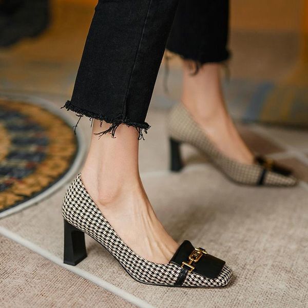 

sandals women's high heeled shoes square heel 6cm french head color matching metal button thick, Black