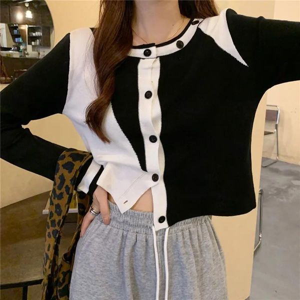 

women's knits & tees autumn women crew collar hit color design knitted buttons cardigan coat fashion vintage black white patchwork swea