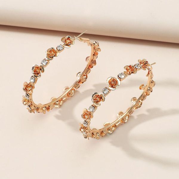 

hoop & huggie exaggerated circle rose women's charm earrings temperament retro metal zircon geometric jewelry, Golden;silver