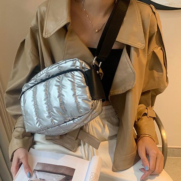 

evening bags luxury space cotton shoulder for women 2021 winter down crossbody bag wide strap messenger fluffy leather nylon purse