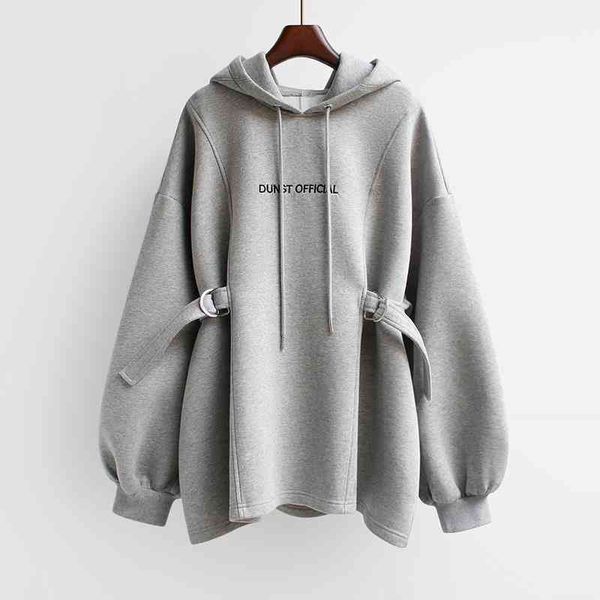 

women's hoodies & sweatshirts [ewq] korea chic loose black waist closing sweatshirt autumn winter fashion women drawstring gray hooded