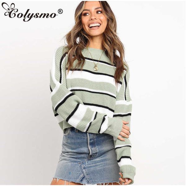 

colysmo contrast color striped sweater winter o-neck long sleeve loose jumper women sweaters casual warm knitwear green 210527, White;black