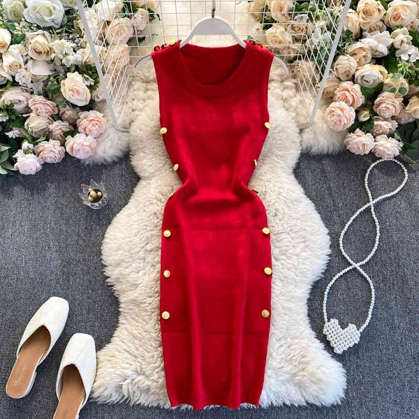 

two piece dress korean fashion women spring summer knitted dress elegant buttons decoration o neck sleeveless slim bodycon pa, White