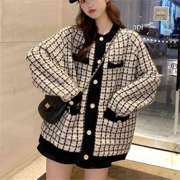 

fall winter knitted long sleeve-neck plaid pocket retro sweater cardigan jacket button oversized, White;black