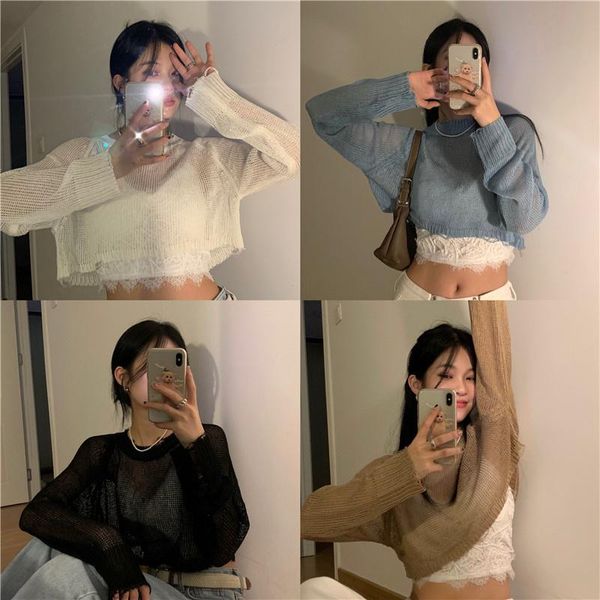 

women's sweaters hollow out knitwear thin short sweater with long sleeved blouse early autumn 2021 khaki top, White;black