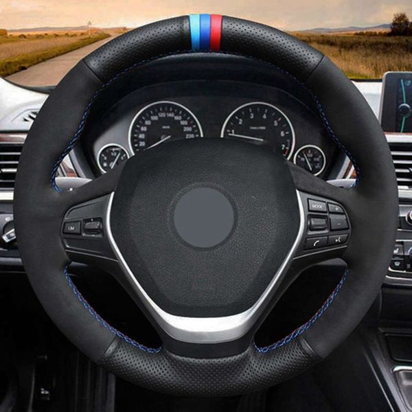 

car steering wheel cover hand-stitched soft black genuine leather suede for bmw f20 f21 f22 f23 f30 f31 f34 f32 f33 f36