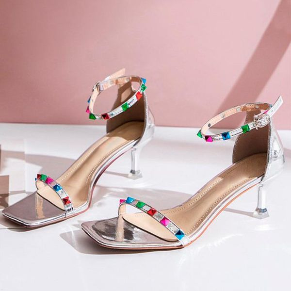 

sandals women's with colorful rivet designer low thin heels square toe 2021 summer trend ladies elegant pumps banquet shoes, Black