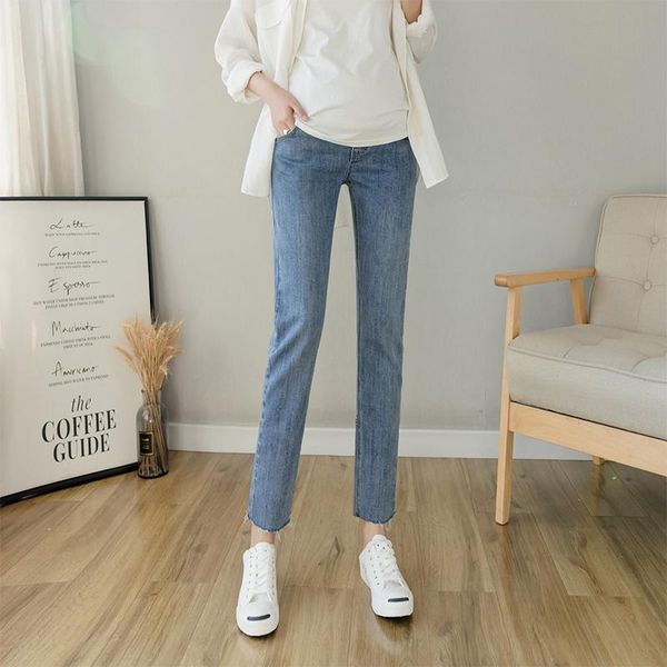

975# 9/10 summer thin stretch denim maternity straight jeans adjustable belly casual pants clothes for pregnant women pregnancy bottoms, White