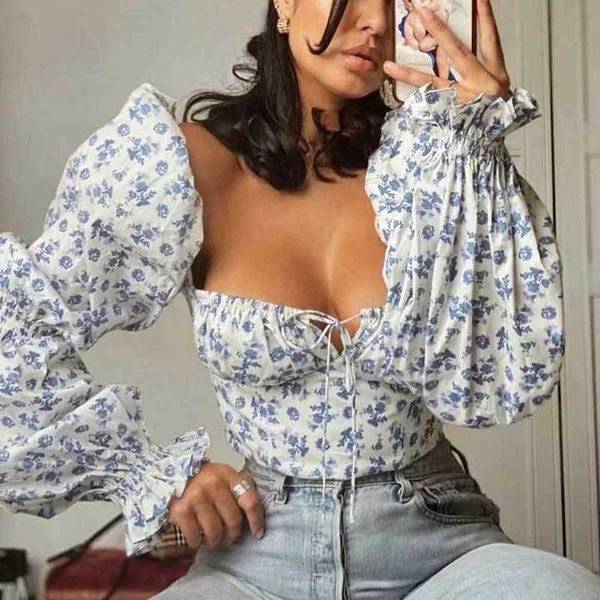 

inspired blue white floral crop women long sleeve cotton blouse women spring summer new ladies blouse 210412