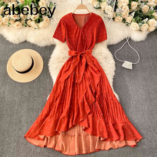 

women polka dot ruffle dress summer v neck short sleeve sashes a line es korean casual vacation irregular 210512, Black;gray