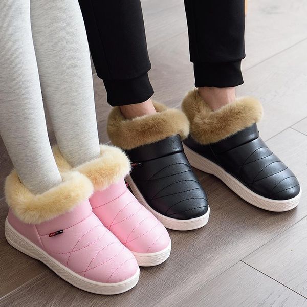

boots women snow winter warm fur ankle men couples thick soled cotton shoes flats waterproof slip on botas mujer zapatos, Black