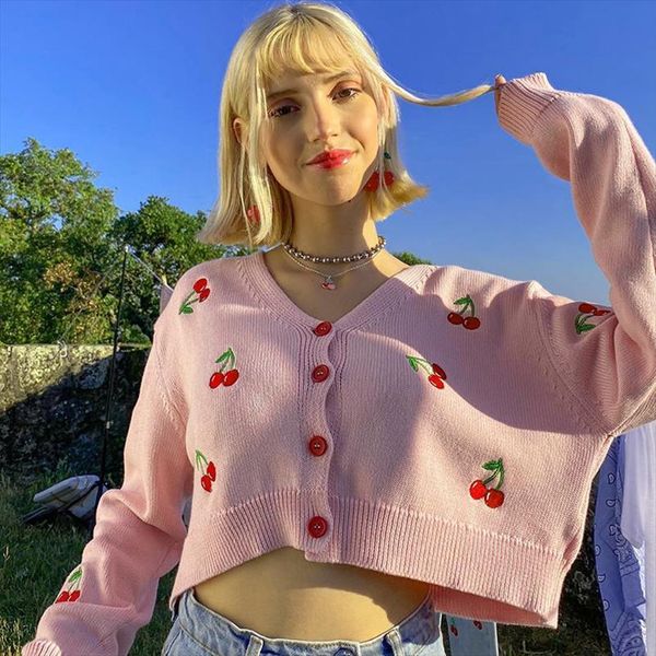 

women long sleeve knitted winter womens sweater tunic kawaii pink white cherry embroidery knitting cardigan for girls, White;black