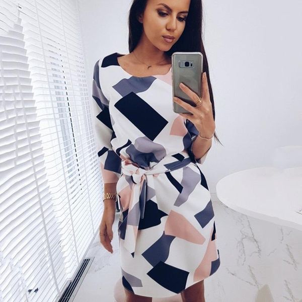 

casual dresses 2021geometric printed sashes pockets autumn dress woman three quarter sleeves o-neck fall loose straight mini, Black;gray