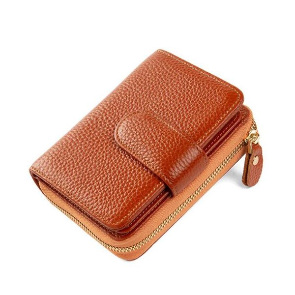 

women's wallet cowhide short purse fashion rfid buckle men zipper coin ladies card holder bag for woman wallets, Red;black