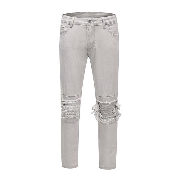 

men's jeans harajuku high street hole patchwork slim biker denim pants frayed ripped plus size hip hop cargo trousers, Blue