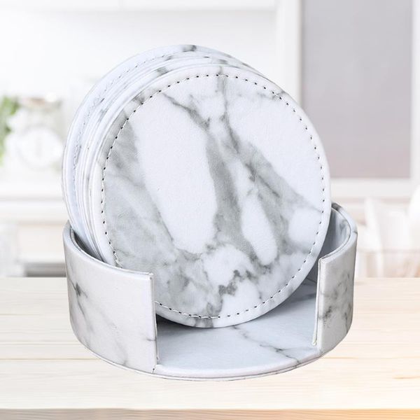 

mats & pads 7 pcs leather coasters with holder set round marble heat insulation cup mat drink for home and kitchen (6