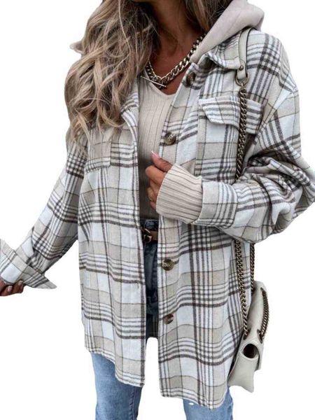 

2021 long sleeve plaid shirt autumn loose coat cardigan hooded women's, Black