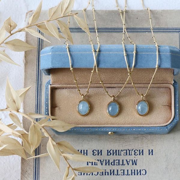 

pendant necklaces stainless steel plated 18k gold sea blue oval aquamarine necklace beads clavicle chain for women mother prom jewelry gifts, Silver