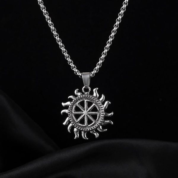 

pendant necklaces vintage slavic symbol sun wheel necklace for men stainless steel chain nekclace unique pagan amulet jewelry wholesale, Silver
