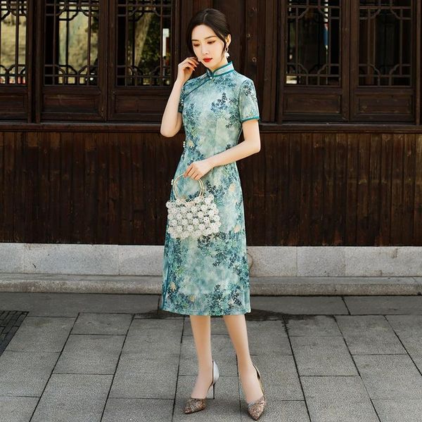 

women elegant print improved cheongsam mandarin collar vintage chinese style a-line dress exquisite novelty medium length qipao ethnic cloth, Red