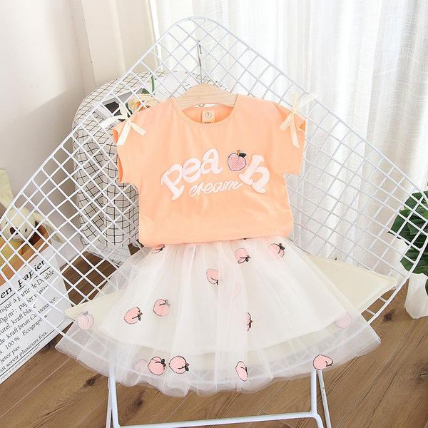 

clothing sets kids baby clothes set 2pcs summer t shirt cotton casual skirts tutu peach print big girls children 2-7y, White