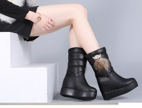 

women's boots in winter slope heel thick bottom round head waterproof table keep warm non-slip @01, Black