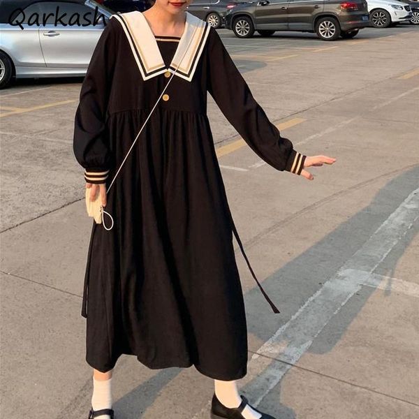 

casual dresses sailor collar dress women loose black japanese style trendy teenager students long sleeve females daily all-match, Black;gray