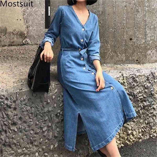 Sonbahar Mavi Kore Denim Uzun Elbise Kadın Kollu V Yaka Tek göğüslü Kuşaklı Bölme Vintage Elbise Vestidos 210513