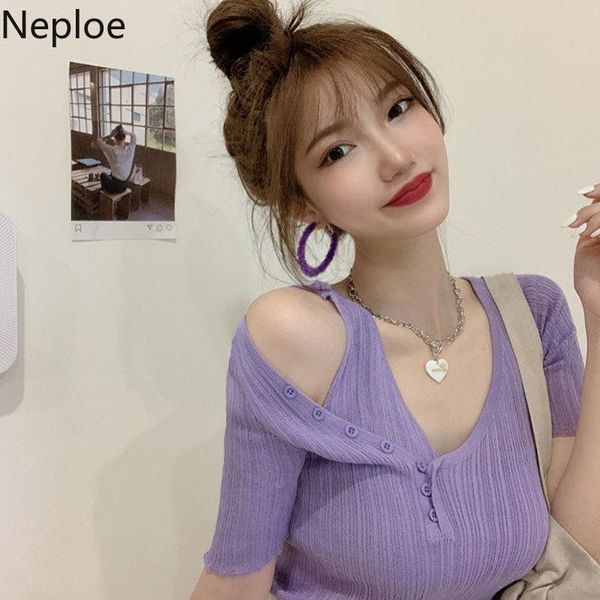 

women's t-shirt neploe fashion woman tshirts patchwork fake two piece knitted tees hollow out off shoulder slim pullover mujer, White
