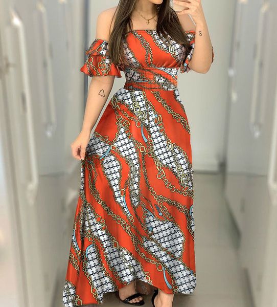 

women print off shoulder long dress orange floral a line high waist party fashion celebrate maxi female vestidos robes vacation 210416, Black;gray