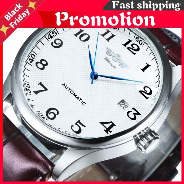 

wristwatches fashion business automatic mechanical watch men time master leather strap white dial calendar date montre homme classic, Slivery;brown