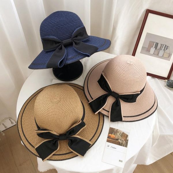 

wide brim hats straw hat for lady spring&summer big sunshade with bowknot beach female casual korean version panama 2021, Blue;gray
