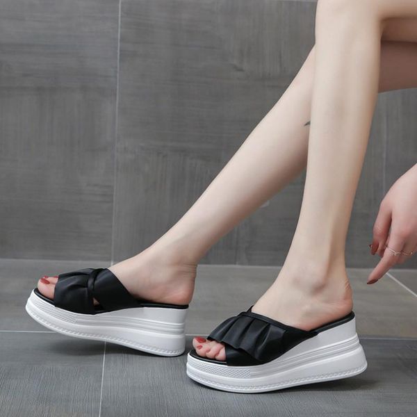 

fashion summer pumps shoes women slippers outside platform shallow wedges casual lady high heels female slides, Black