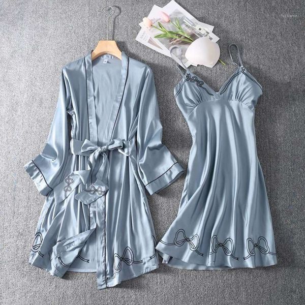 

sleepwear design spring summer women's luxury robe and gown elegant embroidery suspender + bathrobe 2pcs sets soft sleepwear1 21yh, Black;red